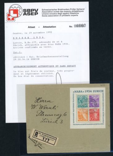 Schweiz Block 1 auf Einschreiben Naba Zürich FDC mit Attest