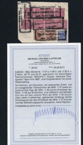 Deutsche Kolonien Samoa ausgewönliches Vorläufer Briefstück mit 8x V37e Attest