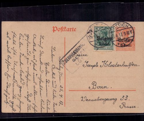 Dt. Post Belgien - Ganzsache + ZuFr Überwachung geprüft Lüttich 1917 n. Bonn