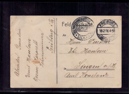 Feldpostkarte Überwachungsstelle geprüft Freiburg n. Singen 1916