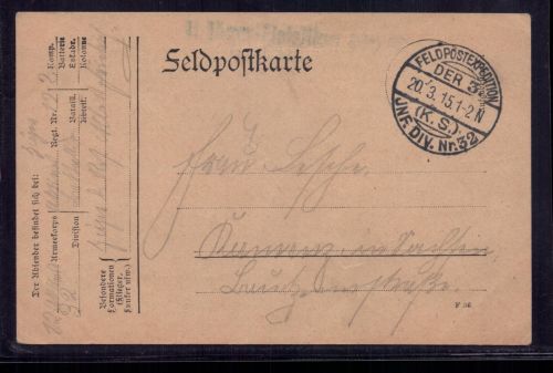 Feldpostkarte Feldpostexpedition 3. Inf. Div. Nr. 32 1915