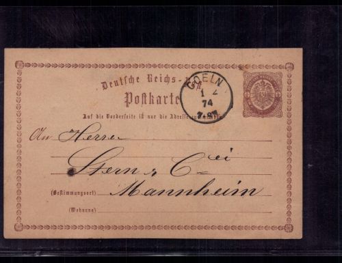 Ganzsache Dt. Reich Coeln Köln nach Mannheim 1874