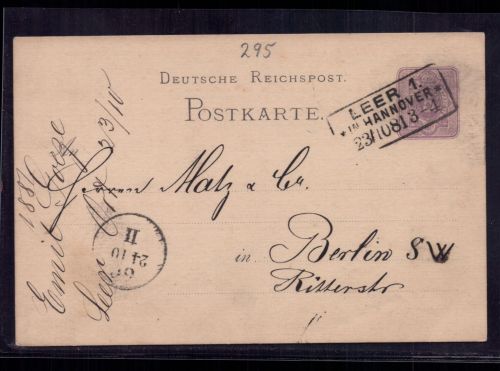 Dt. Reich Ganzsache Leer Hannover Kastenstempel n. Berlin 1881