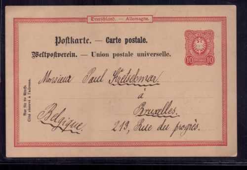 Dt. Reich Ganzsache P 14 b - Konstanz n. Brüssel Belgien 1888 - ungestempelt
