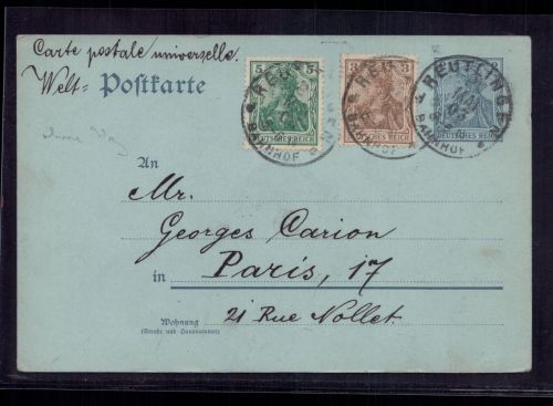 Dt. Reich MiNr 63 y Ganzsache + ZuFr - Reutlien n. Paris Frankreich 1903