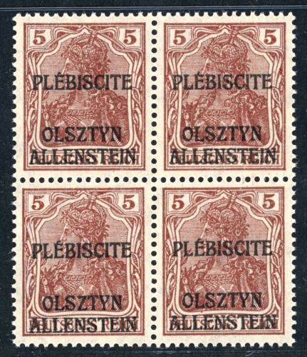 Allenstein Michel Nummer II , unverausgabte Germania, 4er Block postfrisch Luxus