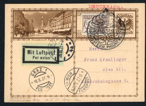 Österreich Luftpost Ganzsache Gratz nacch Wien 1927