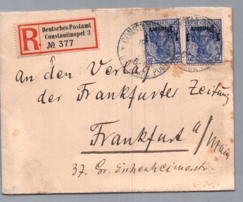 Dt. Auslandspostämer Türkei MeFr. Einschreiben Konstaninopel 1911 nach Frankfurt
