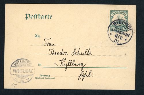 Ganzsachen Kamerun Bibundi 1907 nach Kyllburg