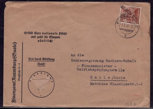 Brief All. Besetzung nach Halle - Finanzamt Naumburg 1948 + geprüft