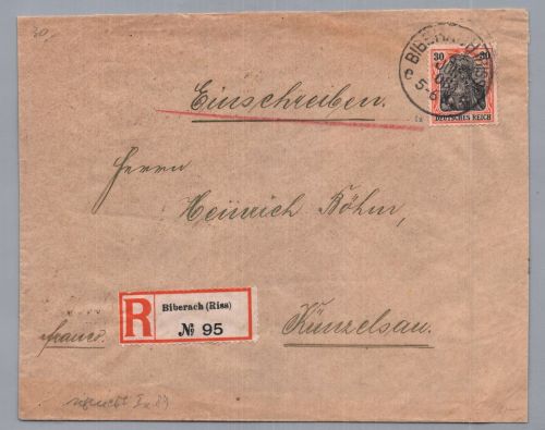 Dt. Reich EF Germania 30 - Einschreiben Biberach nach Künzelsau 1908 - geprüft
