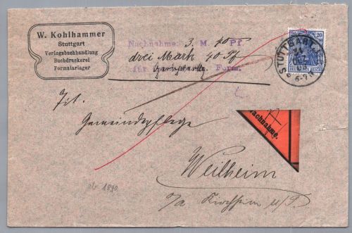 Dt. Reich EF Germania 30 - Nachnahme Stuttgart nach Weilheim 1908