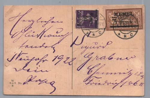 Memel Postkarte MiFr nach Chemnitz 1922