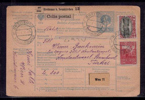 Österreich Mehrfachfrankatur Paketkarte Breitenau - Konstantinopel 1916