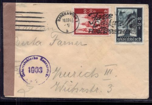 Brief All. Besetzung Österreich - Zensur - Baden Wien nach Zürich 1948