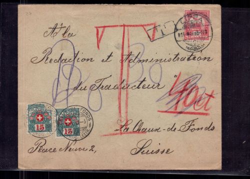 Nachgebühr Brief Ungarn - Lippa nach Chaux de Fonds Schweiz 1911