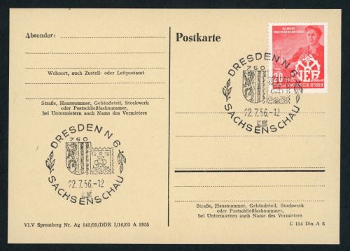 DDR Beleg mit Sonderstempel Sachsenschau 1956 Dresden