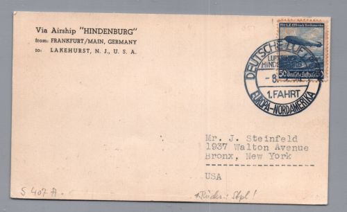 LZ 129 Zeppelin Beleg Europa - Nordamerika USA n. New York 1936