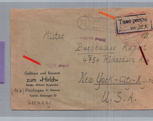 Brief Alliierte Besetzung Taxe percue - Gebühr bezahlt - Rottweil n. USA 1947