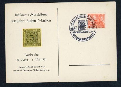 Erinnerungskarte Jubiläums Ausstellung 100 Jahre Baden Marken Karlsruhe 1951