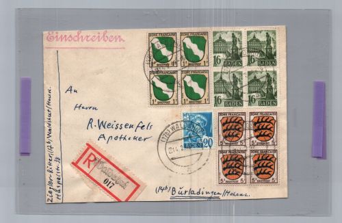 Einschreiben Alliierte Besetzung Franz. Zone Waldshut nach Burladingen 1948