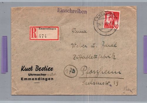 Einschreiben All. Besetzung Franz. Zone Baden Emmendingen nach Pforzheim 1949