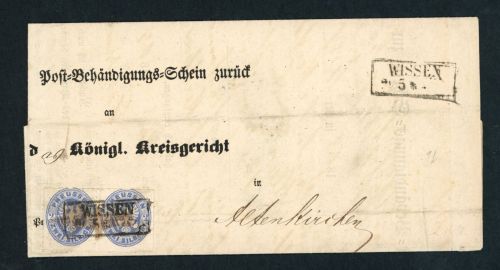 Preussen Post Behändigungsschein von Wissen 1865 , mit 17a als Paar