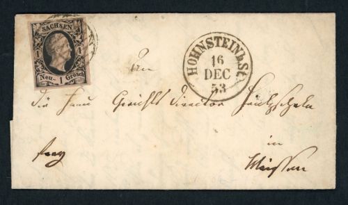 Sachsen Einzelfrankatur Mi.Nr. 4I Vollgitterstempel Hohnstein nach Meissen 1853