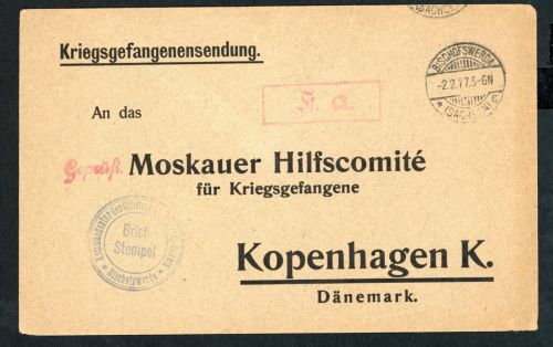 Kriegsgefangenensendung an Moskauer hilfscomite Kopenhagen - Bischofswerda 1917