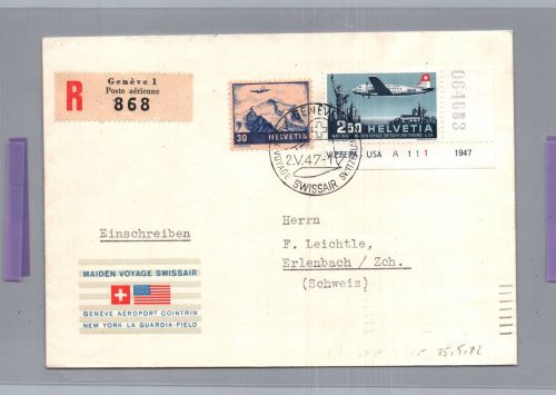 Schweiz Flugpost FDC Beleg Einschreiben Genf nach Erlenbach 1947