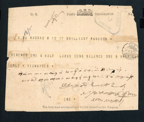 Myanmar (Birma) Burma Telegramm 1917 Raengoun mit Zensur Stempel
