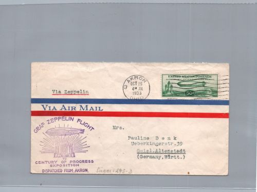 USA Zeppelin Beleg Graf Zeppelin Akron - Friedrichshafen nach Geislingen 1933