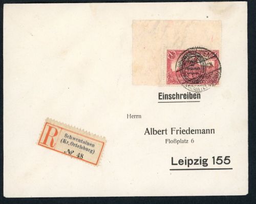 Allenstein Einzelfrankatur Michel Nr. 24 Bogenecke , Einschreiben Schwentainen