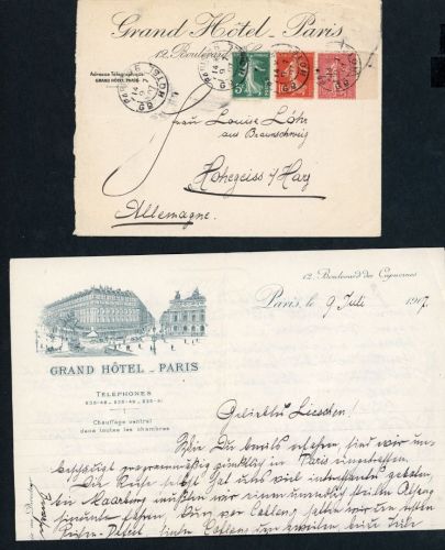 Frankreich Mischfrankatur , Umschlag + Briefpapier Grand Hotel Paris 1907