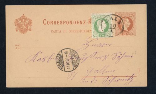 Österreich Ganzsache + Zusatzfrankatur Mals - St. Gallen 1880