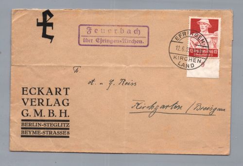 Deutsches Reich Einzelfrankatur Michel Nr. 561 Feuerbach über Efringen Krchen