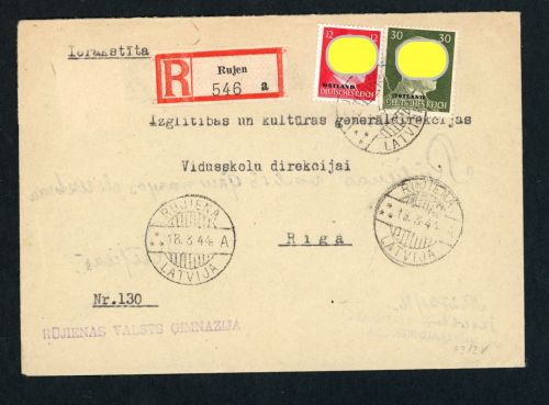 Dt. Reich Ostland Einschreiben Mischfrankatur Rujen nach Riga 1944
