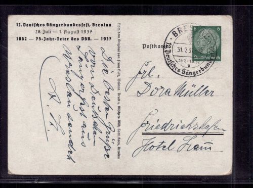 Dt. Reich Ganzsache - Dt. Sängerbundfest Breslau 1937
