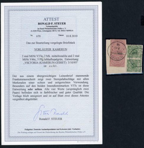 Kamerun Vorläufer Briefstück - 2x MiNr. V37c + 2x V46c - Victoria 3-10-1895