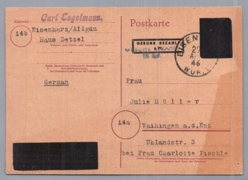 Alliierte Besetzung Schwärzung - Eisenharz nach Vaihingen 1946