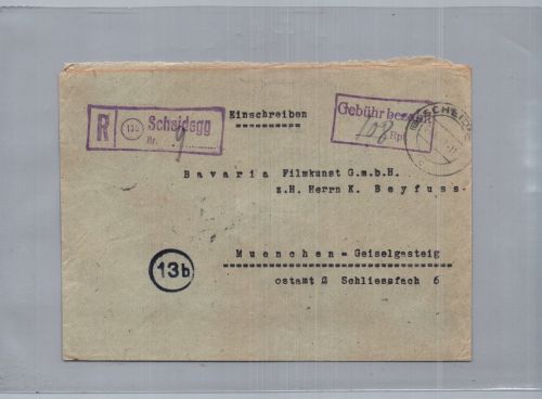 Alliierte Besetzung Einschreiben Scheidegg - Gebühr bezahlt 1947