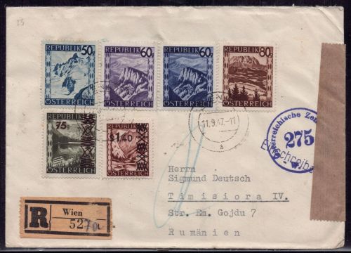 Österreich Einschreiben Wien mit Zensur MiFr nach Timișoara Rumänien 1947