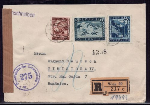 Österreich Einschreiben Wien mit Zensur MiFr nach Timișoara Rumänien 1947