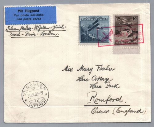 Liechtenstein Flugpost 1. Postflug Vaduz - St. Gallen nach Romford England 1930