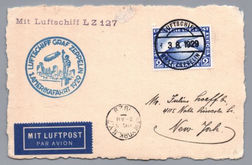 Dt. Reich Zeppelin Einzelfrankatur 1. Amerikafahrt 1929 - Luftpost New York USA