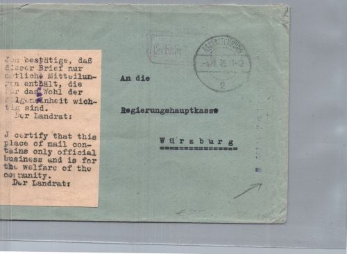 Barfrankatur Aschaffenburg - Gebühr bezahlt Stempel 1945 nach Würzburg