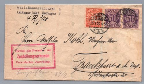 DR Brief Infla Dienst - Zwangsversteigerung - Usingen nach Frankfurt Main 1923