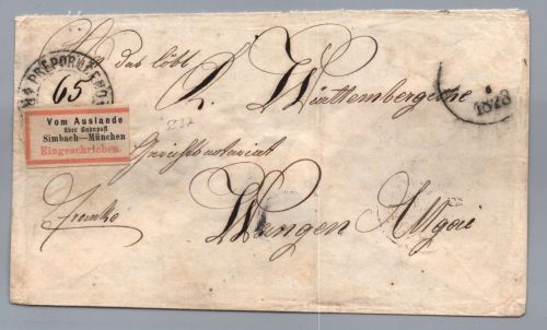 Bayern Einschreiben vom Auslande über Bahnpost von Ludberg Ungarn 1878