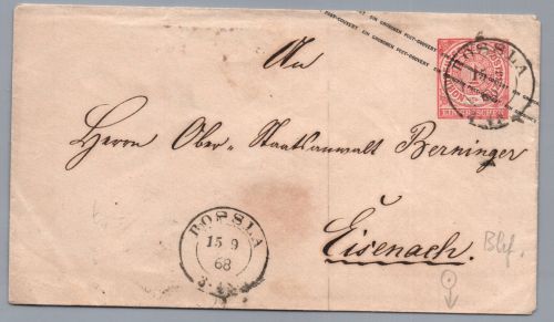 Ganzsache Norddeutscher Bund Rossla nach Eisenach + Bahnhof 1868