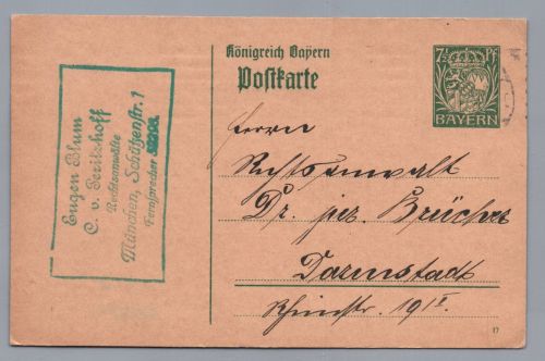 Ganzsache Bayern München nach Darmstadt 1917